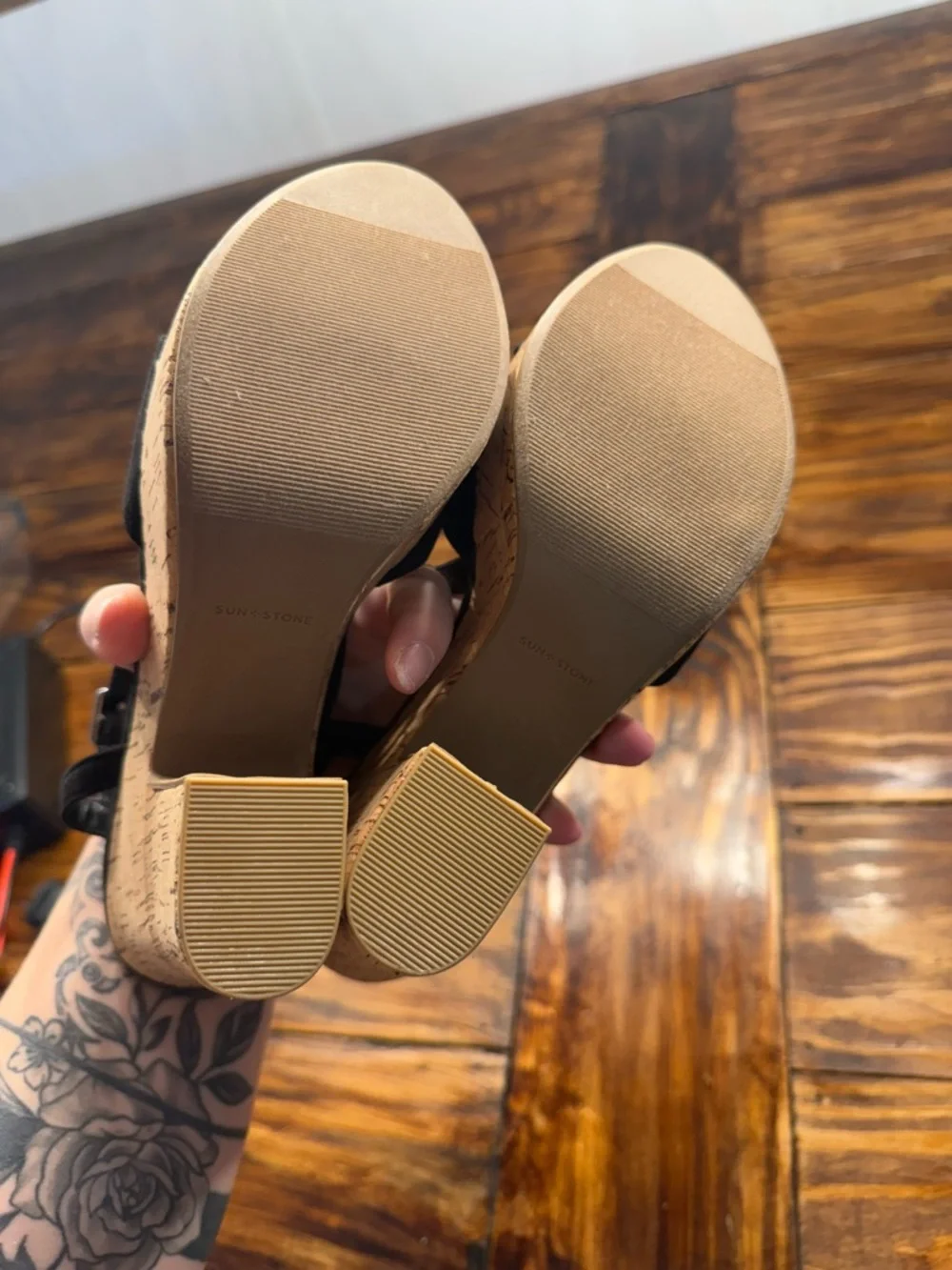 Sun + Stone Black Cork Platform Heeled Sandals 10